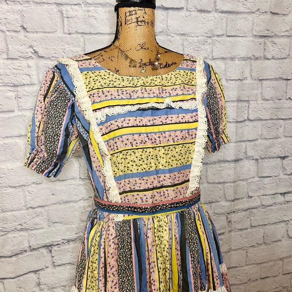 Vintage 50s Dress Full Circle Patchwork Square Line Dance Lace Trim Country - Picture 4 of 13